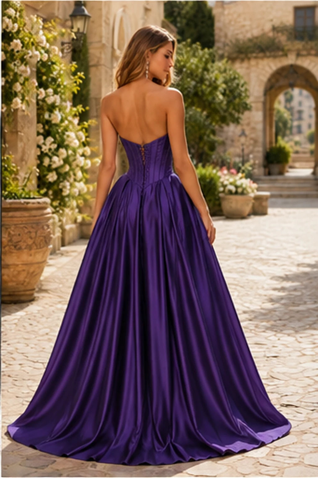 Kazaria Strapless Sweetheart Satin Ball Gown Prom Dress with Slit in Deep Plum prom gown, back view
