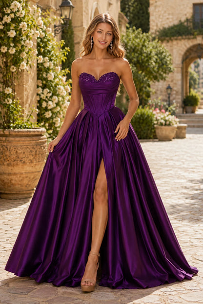 Kazaria Strapless Sweetheart Satin Ball Gown Prom Dress with Slit in Deep Plum prom gown, front view