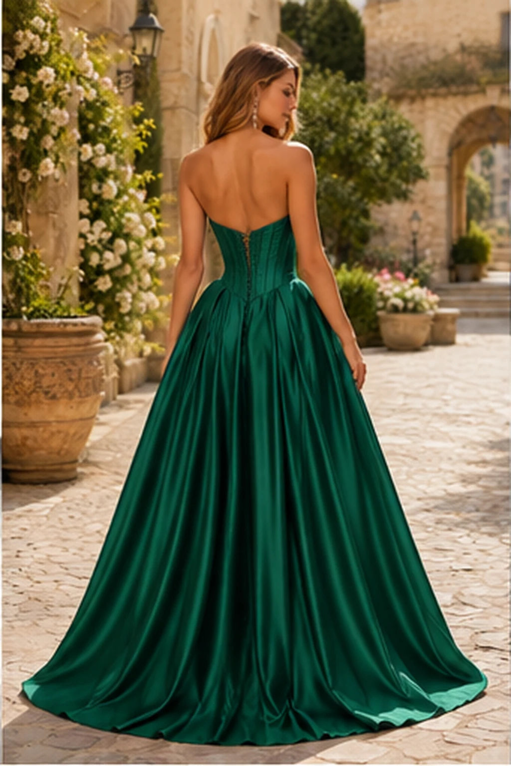 Kazaria Strapless Sweetheart Satin Ball Gown Prom Dress with Slit in Emerald Green prom gown, back view