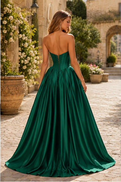 Kazaria Strapless Sweetheart Satin Ball Gown Prom Dress with Slit in Emerald Green prom gown, back view