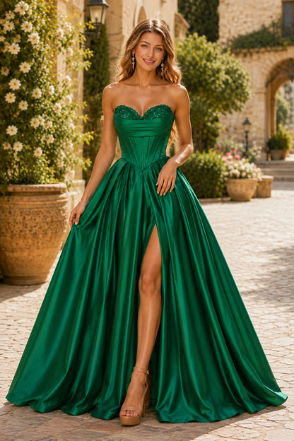 Kazaria Strapless Sweetheart Satin Ball Gown Prom Dress with Slit in Emerald Green prom gown, front view