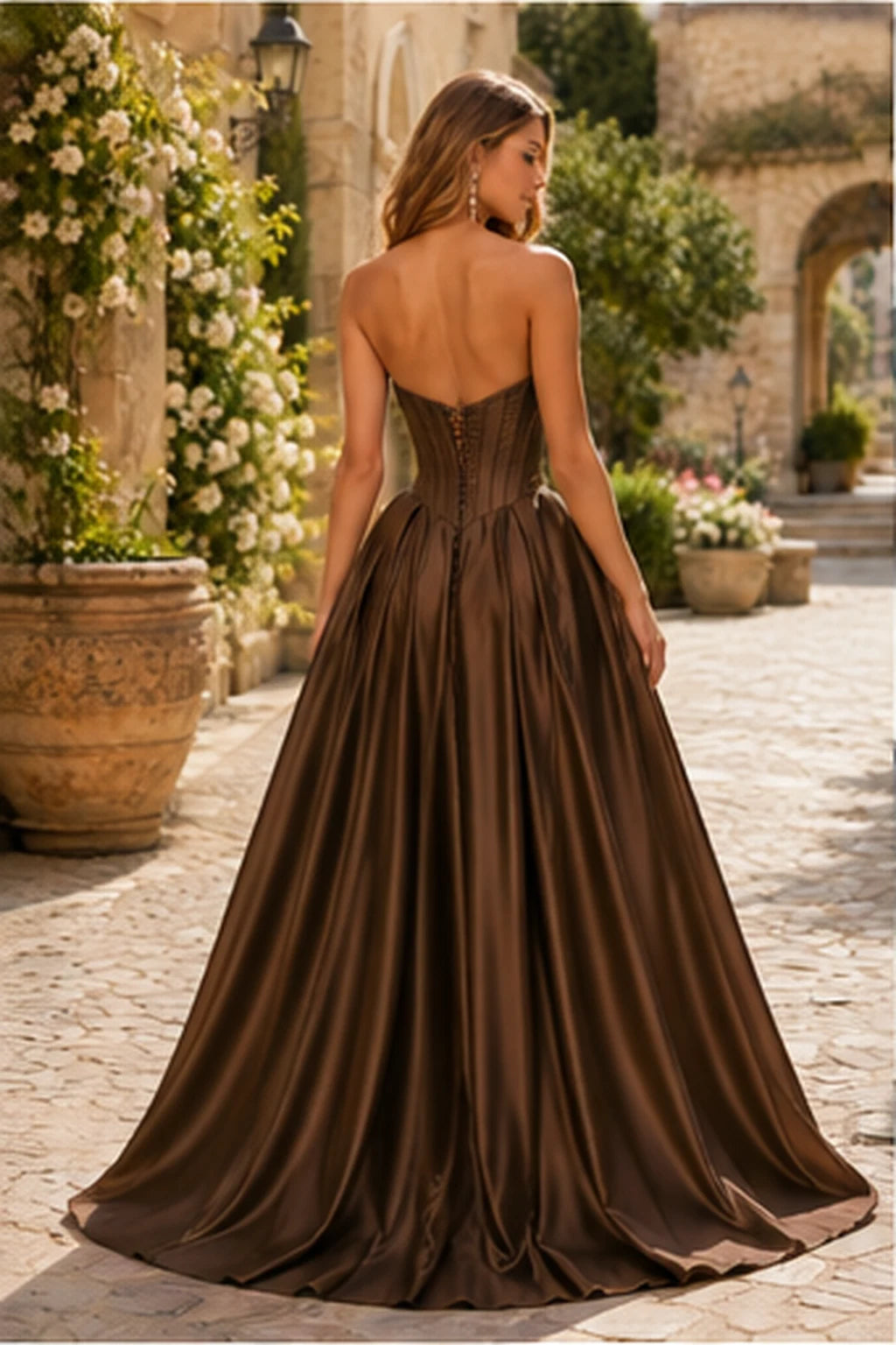 Kazaria Strapless Sweetheart Satin Ball Gown Prom Dress with Slit in Espresso Brown prom gown, back view