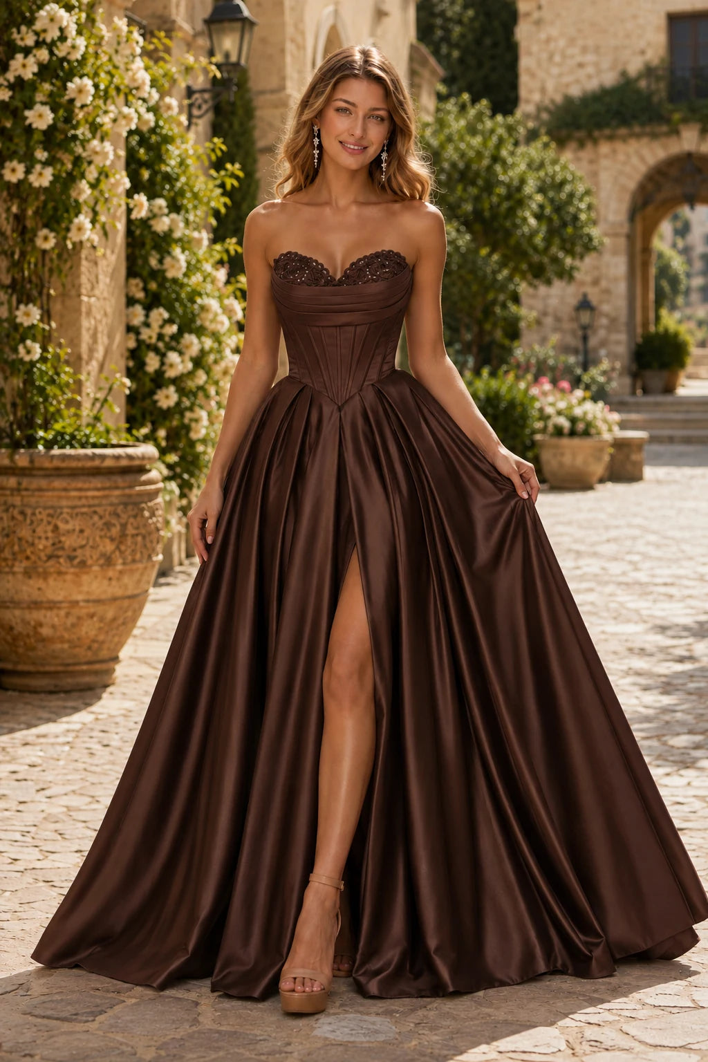 Kazaria Strapless Sweetheart Satin Ball Gown Prom Dress with Slit in Espresso Brown prom gown, front view