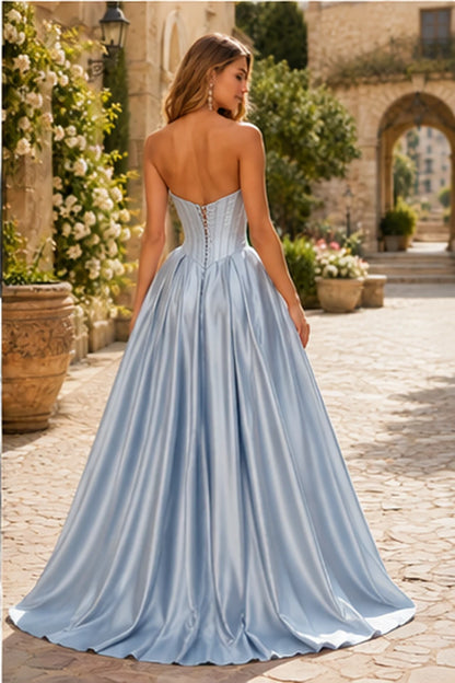 Kazaria Strapless Sweetheart Satin Ball Gown Prom Dress with Slit in Glacier Blue prom gown, back view