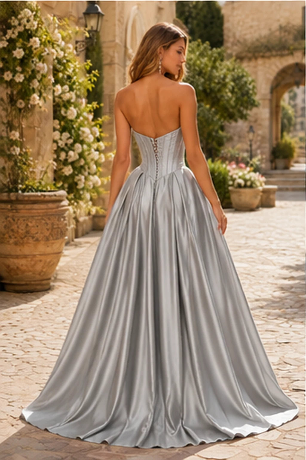 Kazaria Strapless Sweetheart Satin Ball Gown Prom Dress with Slit in Metallic Silver prom gown, back view