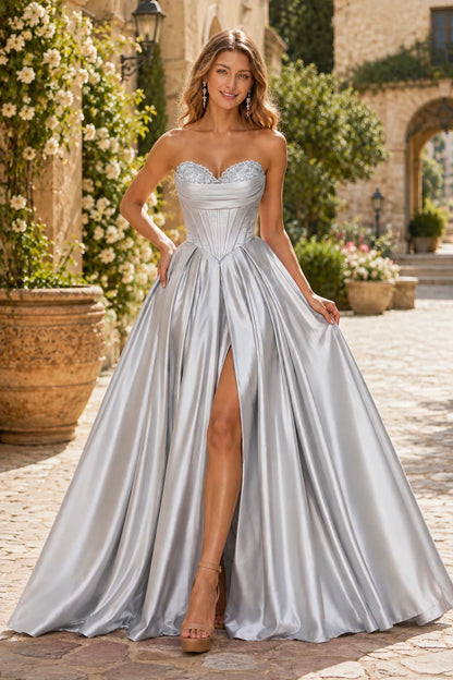Kazaria Strapless Sweetheart Satin Ball Gown Prom Dress with Slit in Metallic Silver prom gown, front view