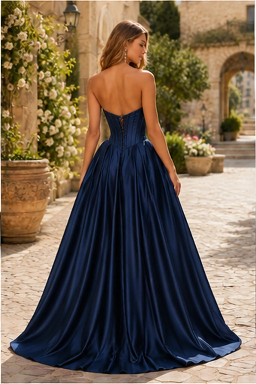 Kazaria Strapless Sweetheart Satin Ball Gown Prom Dress with Slit in Midnight Navy prom gown, back view
