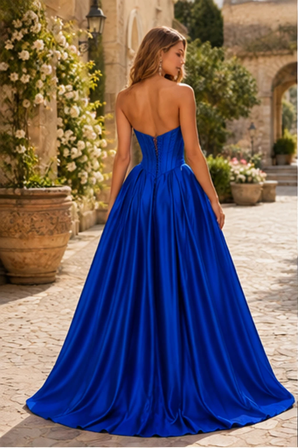 Kazaria Strapless Sweetheart Satin Ball Gown Prom Dress with Slit in Royal Blue prom gown, back view