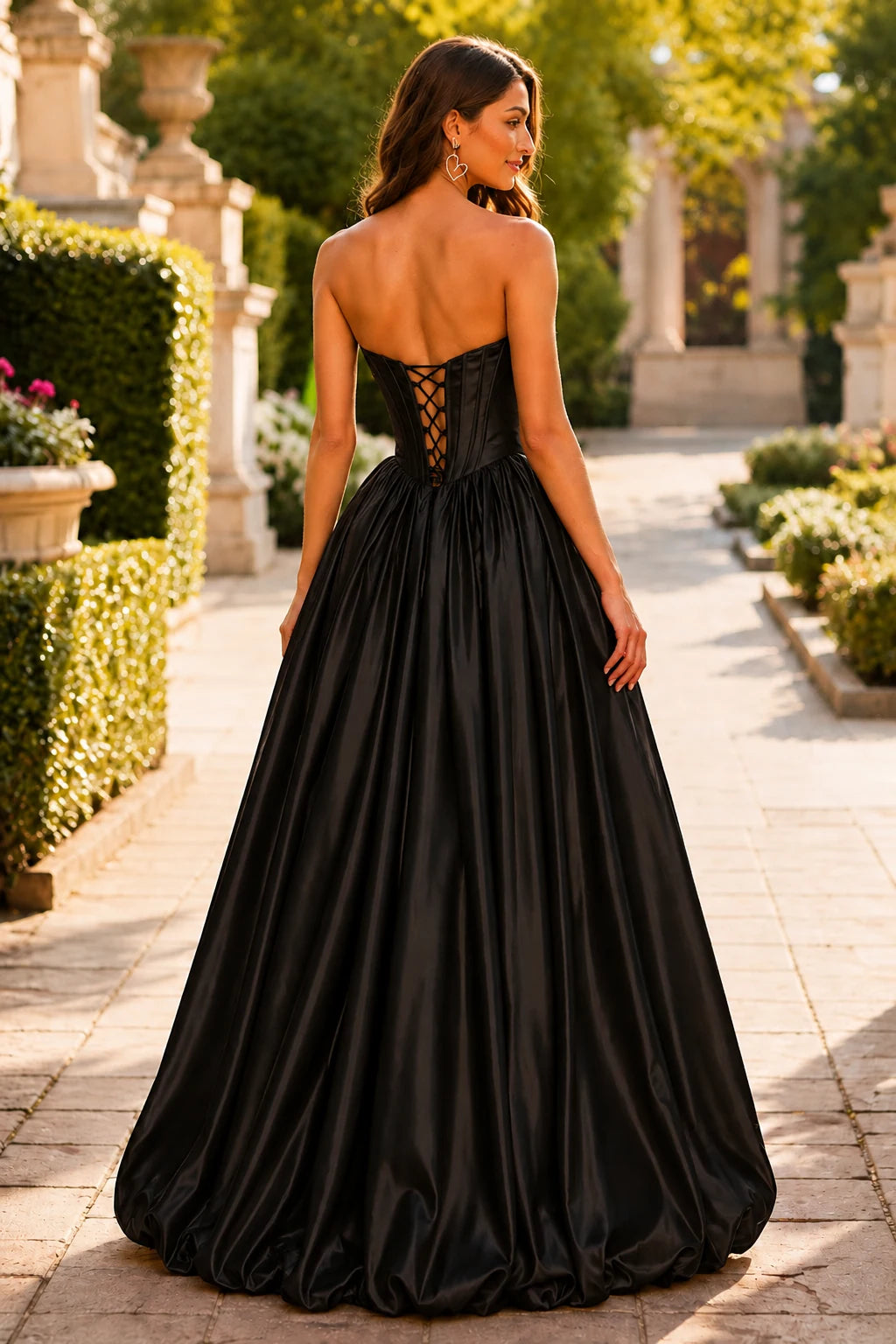 Lumeria Strapless Corset Satin Ball Gown Prom Dress in Black prom gown, back view