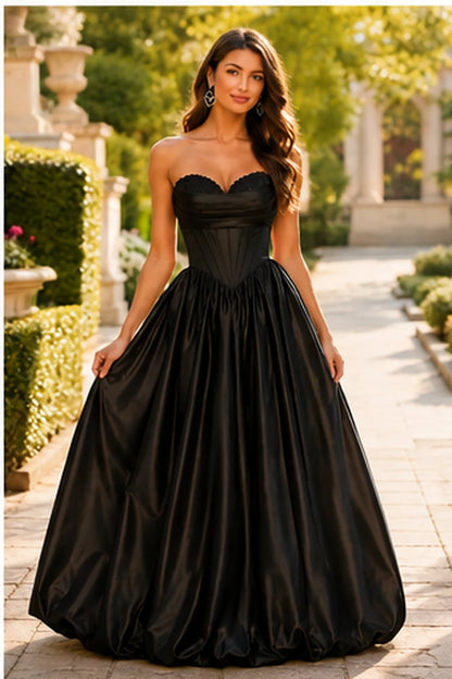Lumeria Strapless Corset Satin Ball Gown Prom Dress in Black prom gown, front view