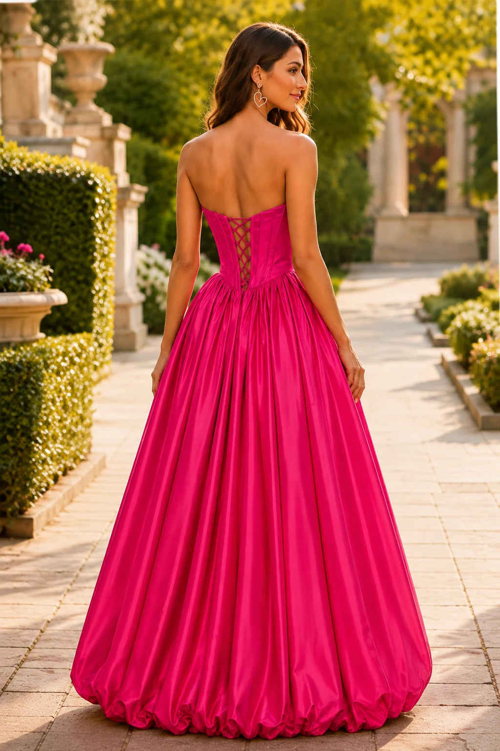 Lumeria Strapless Corset Satin Ball Gown Prom Dress in Bright Rose Pink prom gown, back view