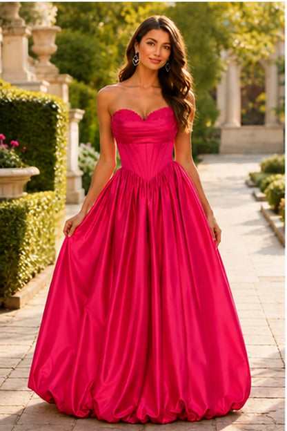 Lumeria Strapless Corset Satin Ball Gown Prom Dress in Bright Rose Pink prom gown, front view
