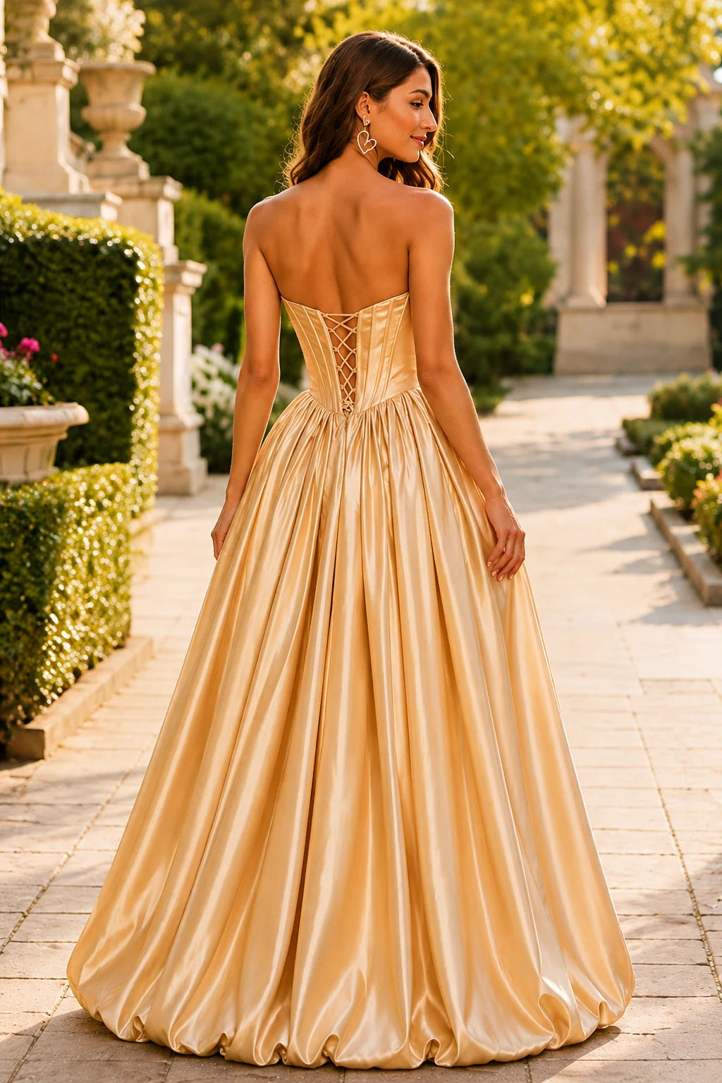 Lumeria Strapless Corset Satin Ball Gown Prom Dress in Champagne Gold prom gown, back view