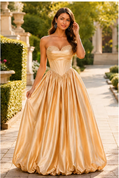 Lumeria Strapless Corset Satin Ball Gown Prom Dress in Champagne Gold prom gown, front view