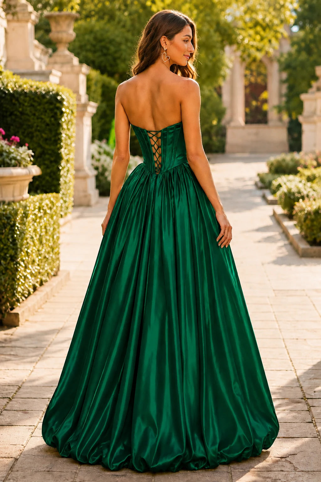 Lumeria Strapless Corset Satin Ball Gown Prom Dress in Emerald Green prom gown, back view