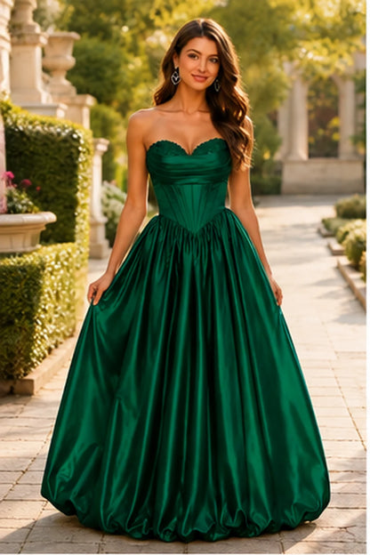 Lumeria Strapless Corset Satin Ball Gown Prom Dress in Emerald Green prom gown, front view