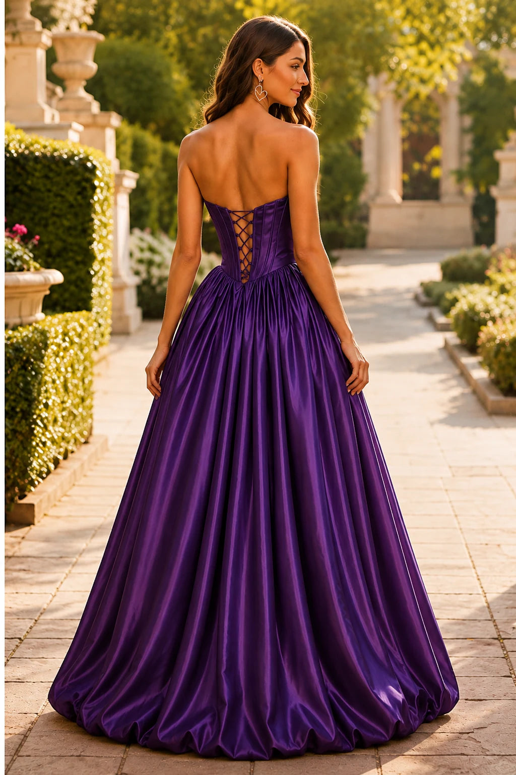 Lumeria Strapless Corset Satin Ball Gown Prom Dress in Gemstone Purple prom gown, back view
