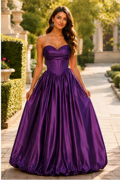 Lumeria Strapless Corset Satin Ball Gown Prom Dress in Gemstone Purple prom gown, front view