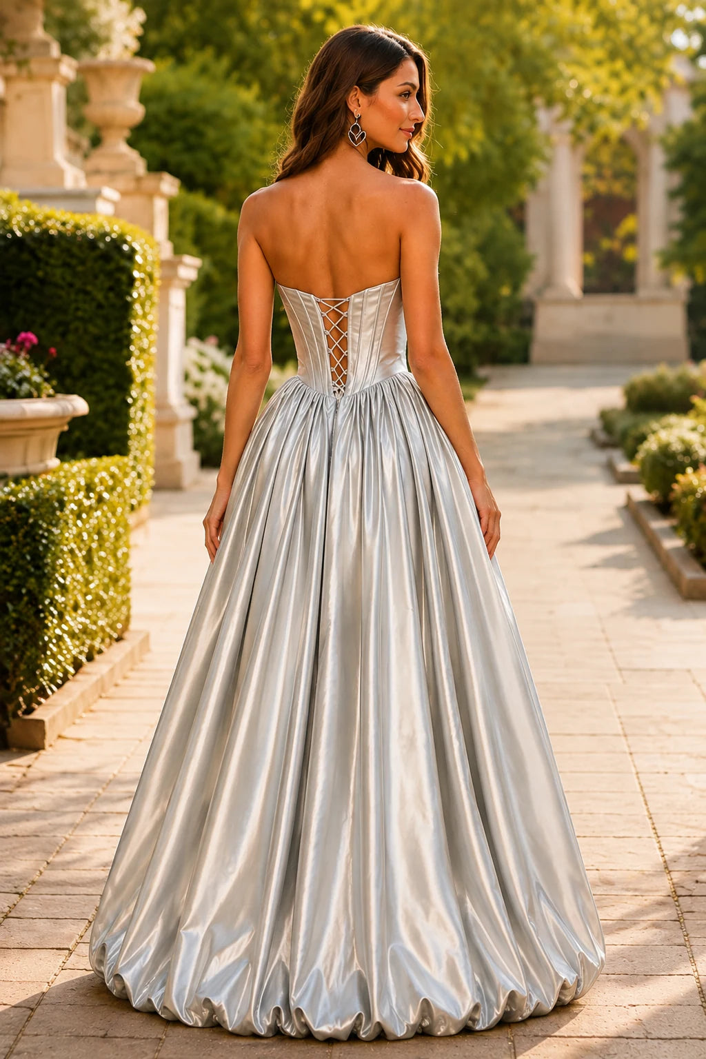 Lumeria Strapless Corset Satin Ball Gown Prom Dress in Metallic Silver prom gown, back view
