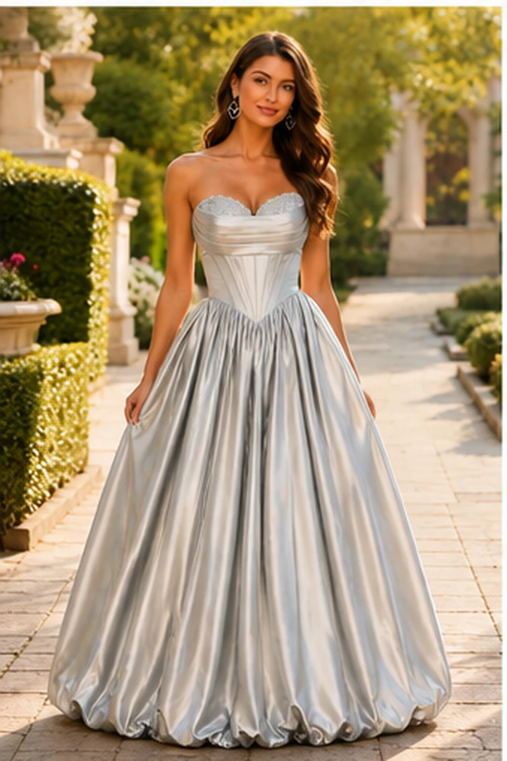 Lumeria Strapless Corset Satin Ball Gown Prom Dress in Metallic Silver prom gown, front view