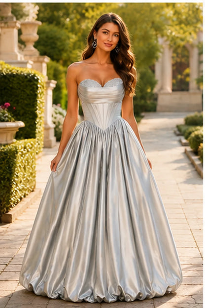 Lumeria Strapless Corset Satin Ball Gown Prom Dress in Metallic Silver prom gown, front view