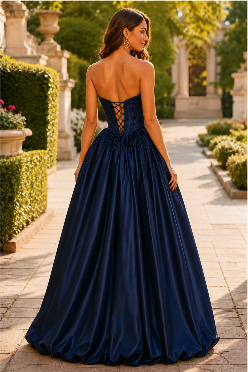 Lumeria Strapless Corset Satin Ball Gown Prom Dress in Navy Blue prom gown, back view