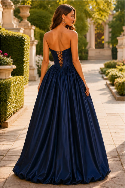 Lumeria Strapless Corset Satin Ball Gown Prom Dress in Navy Blue prom gown, back view