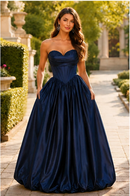 Lumeria Strapless Corset Satin Ball Gown Prom Dress in Navy Blue prom gown, front view