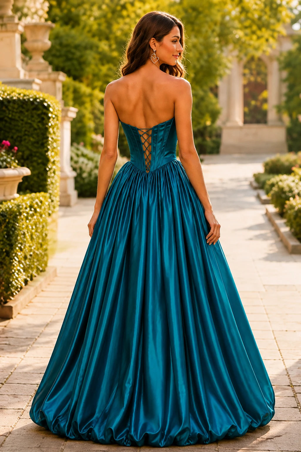 Lumeria Strapless Corset Satin Ball Gown Prom Dress in Peacock Teal prom gown, back view