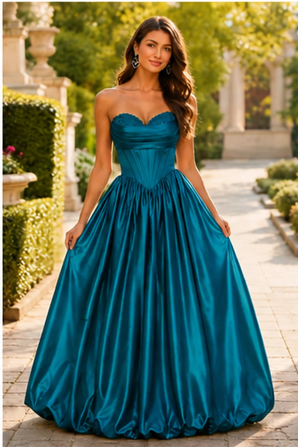Lumeria Strapless Corset Satin Ball Gown Prom Dress in Peacock Teal prom gown, front view