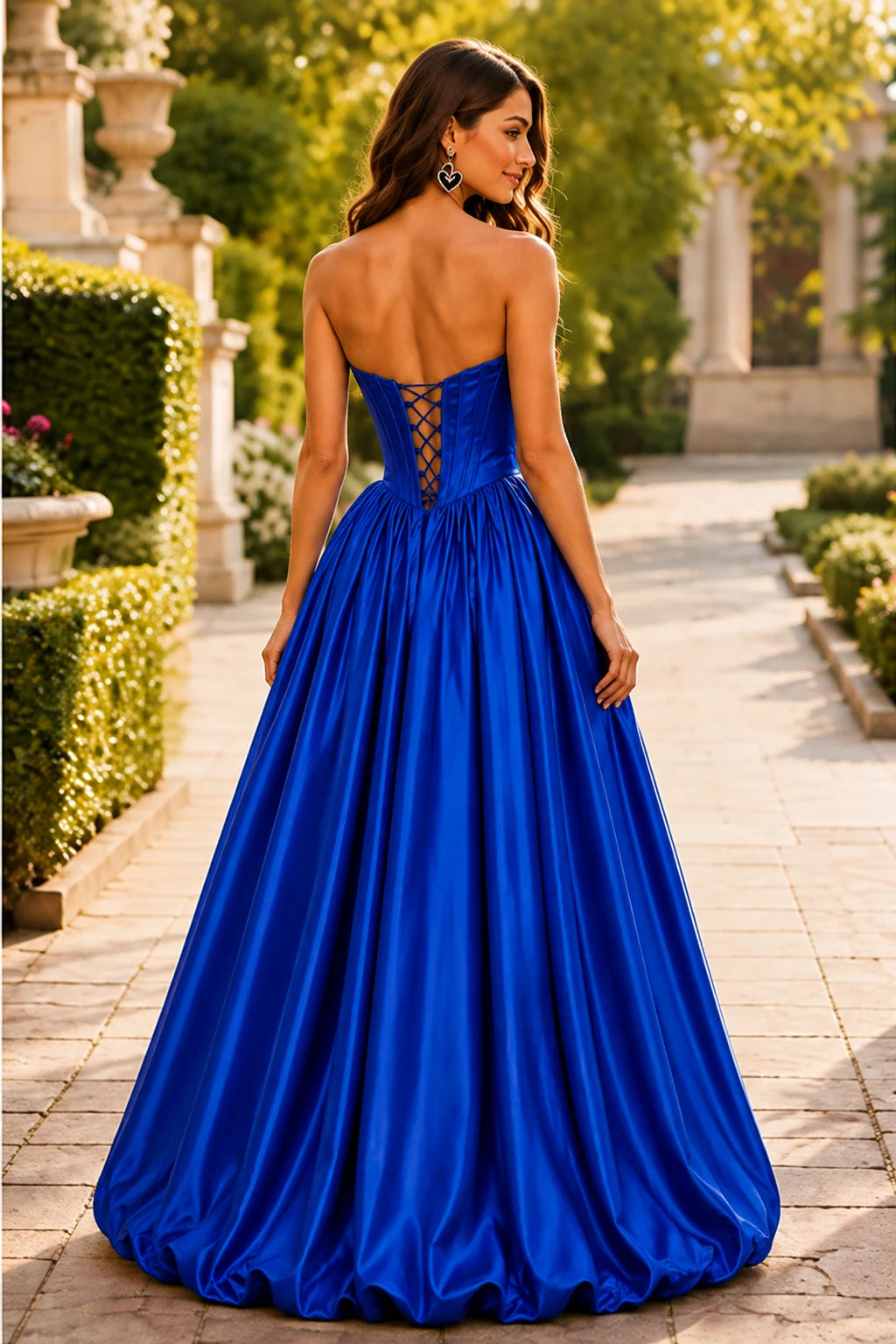 Lumeria Strapless Corset Satin Ball Gown Prom Dress in Royal Blue prom gown, back view