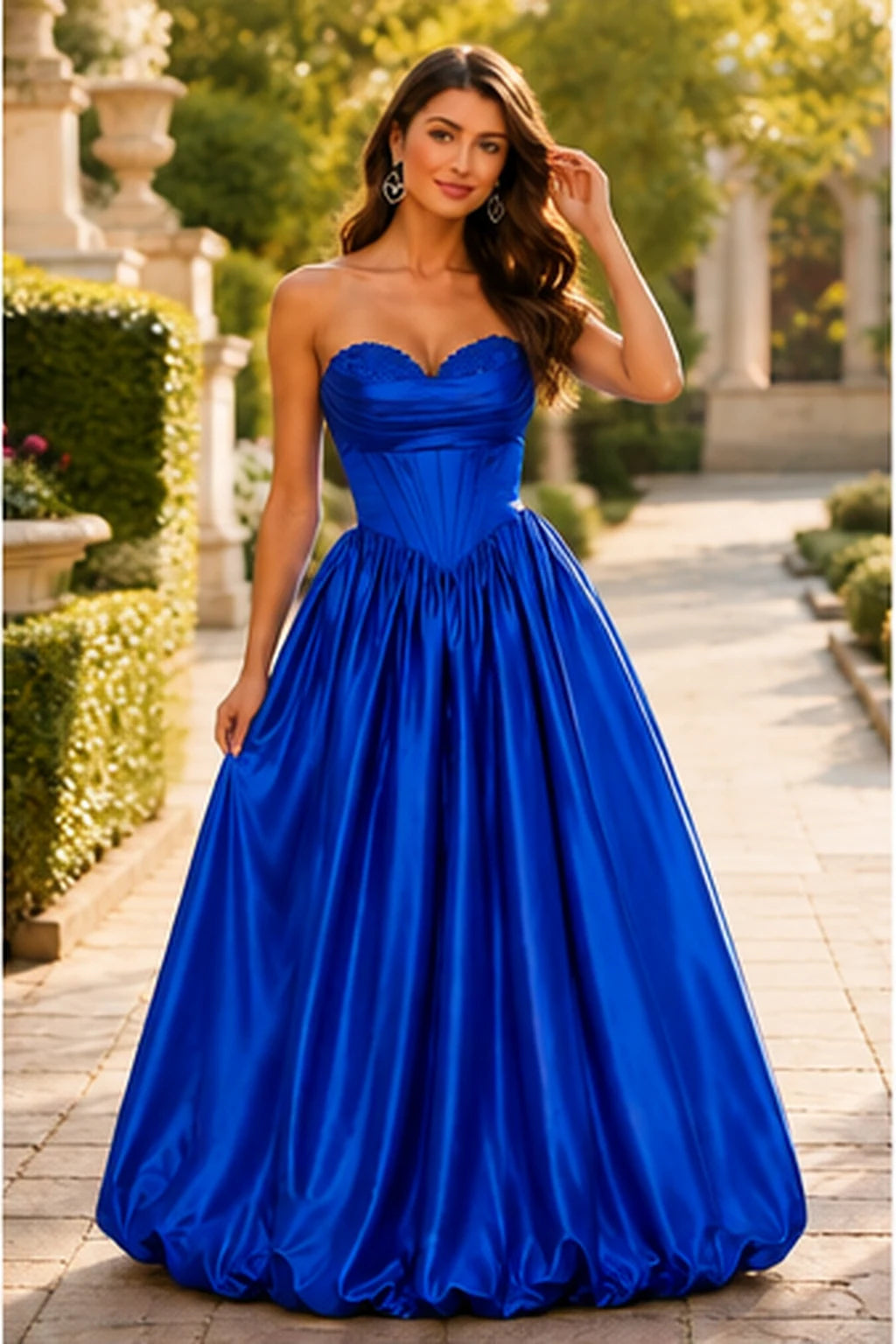 Lumeria Strapless Corset Satin Ball Gown Prom Dress in Royal Blue prom gown, front view