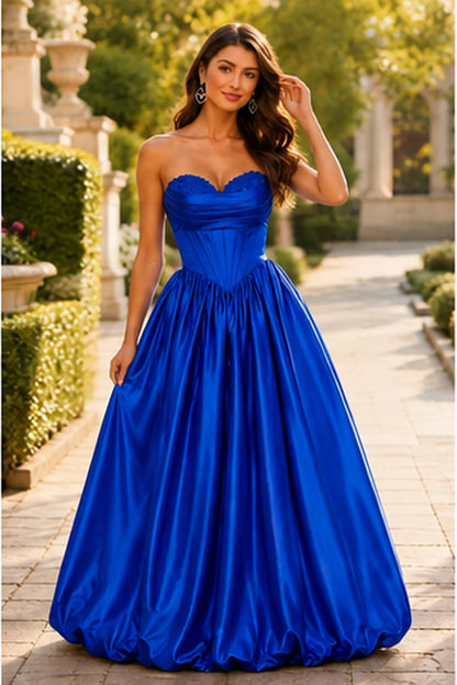 Lumeria Strapless Corset Satin Ball Gown Prom Dress in Royal Blue prom gown, front view