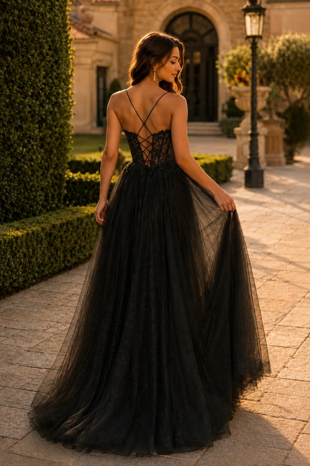 Varella Beaded Corset Tulle A-Line Prom Dress with Slit in Black prom gown, back view