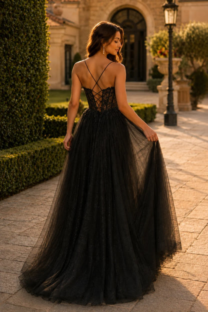 Varella Beaded Corset Tulle A-Line Prom Dress with Slit in Black prom gown, back view