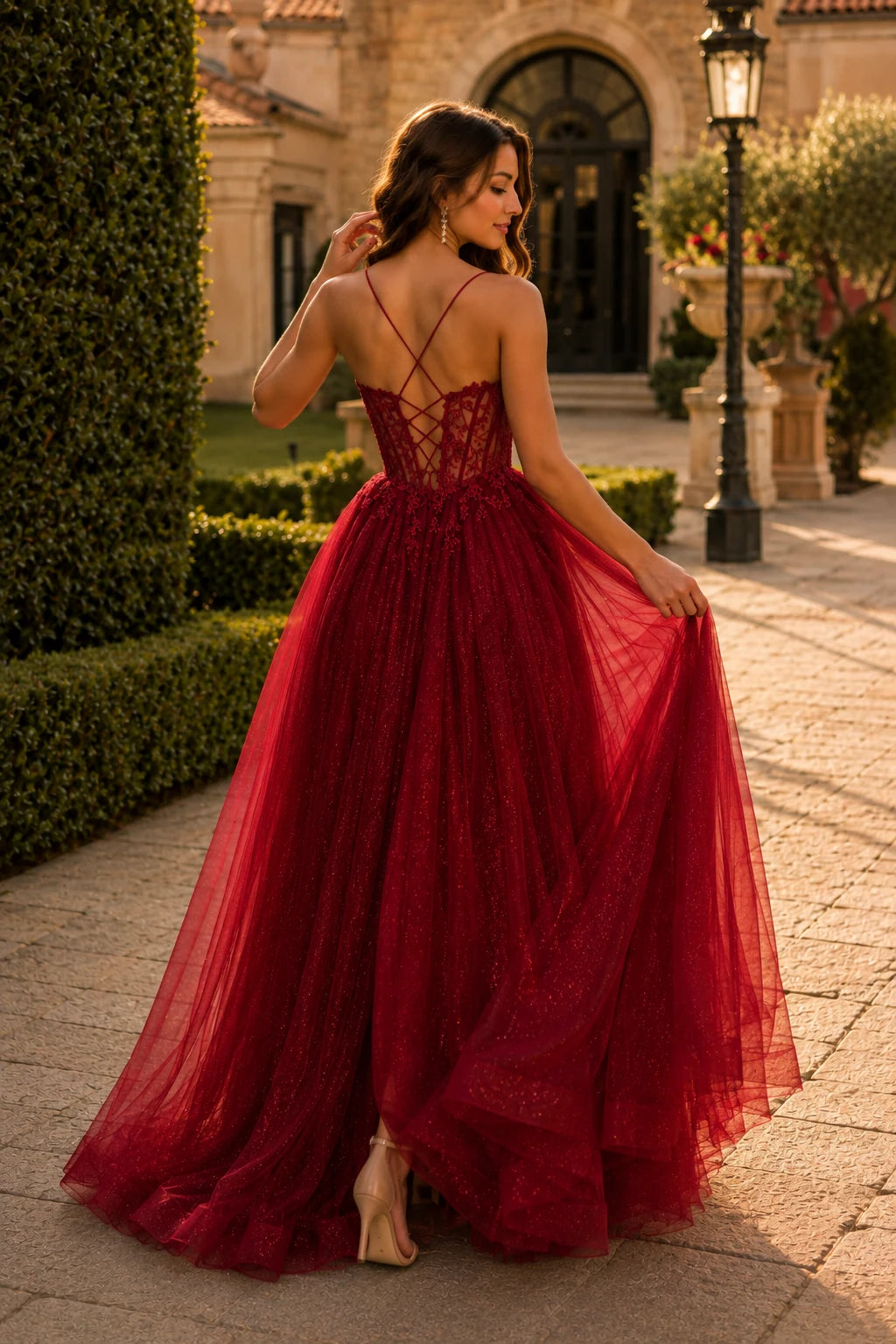 Varella Beaded Corset Tulle A-Line Prom Dress with Slit in Burgundy prom gown, back view