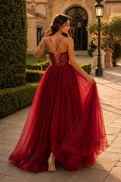 Varella Beaded Corset Tulle A-Line Prom Dress with Slit in Burgundy prom gown, back view