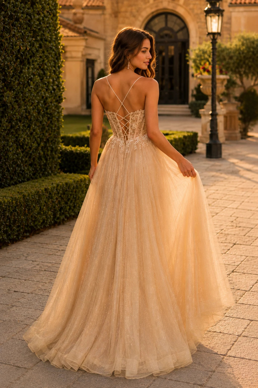 Varella Beaded Corset Tulle A-Line Prom Dress with Slit in Champagne Gold prom gown, back view