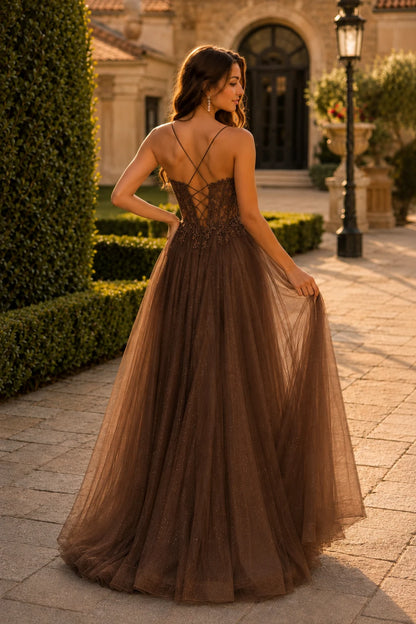 Varella Beaded Corset Tulle A-Line Prom Dress with Slit in Chocolate Brown prom gown, back view