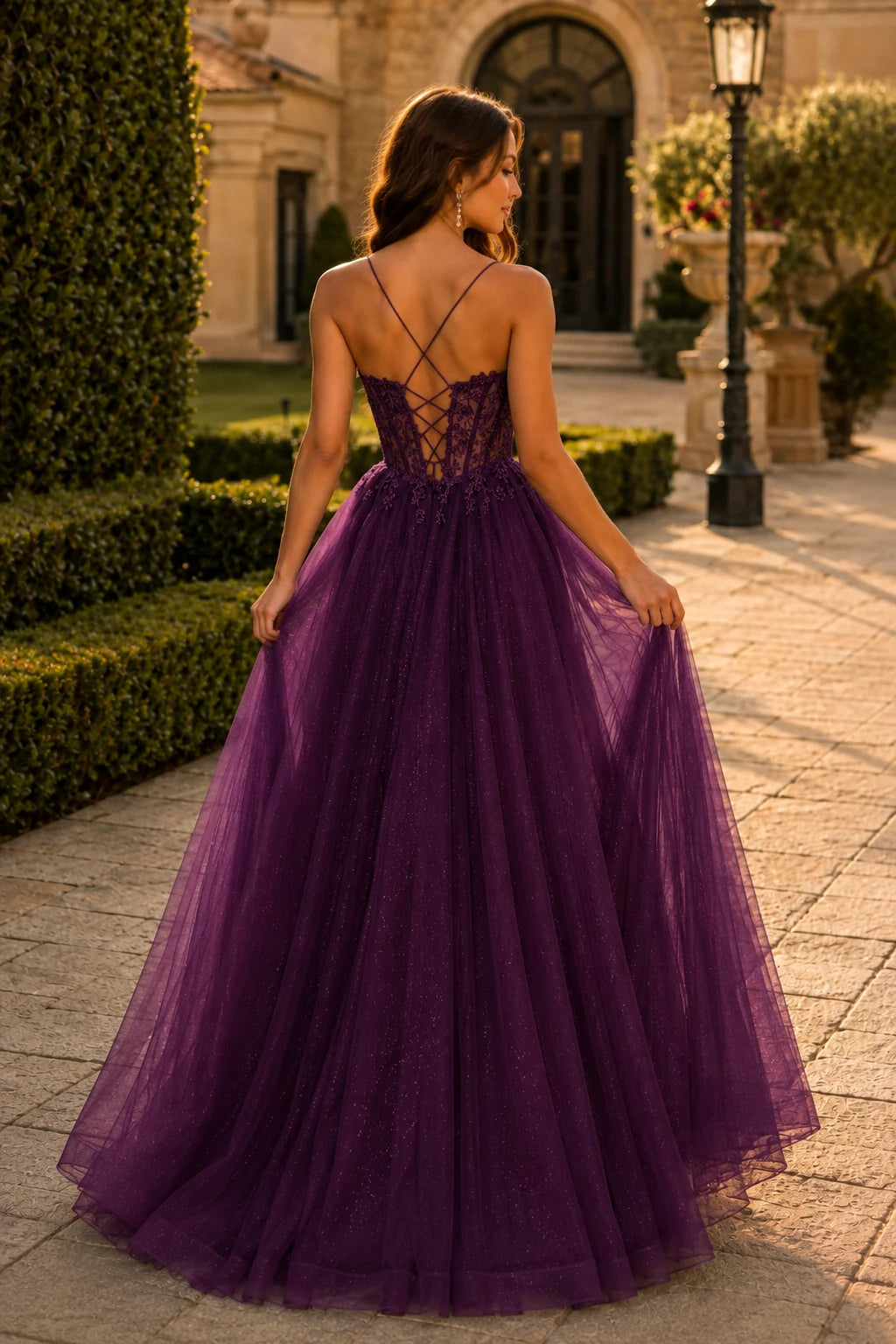 Varella Beaded Corset Tulle A-Line Prom Dress with Slit in Deep Plum prom gown, back view