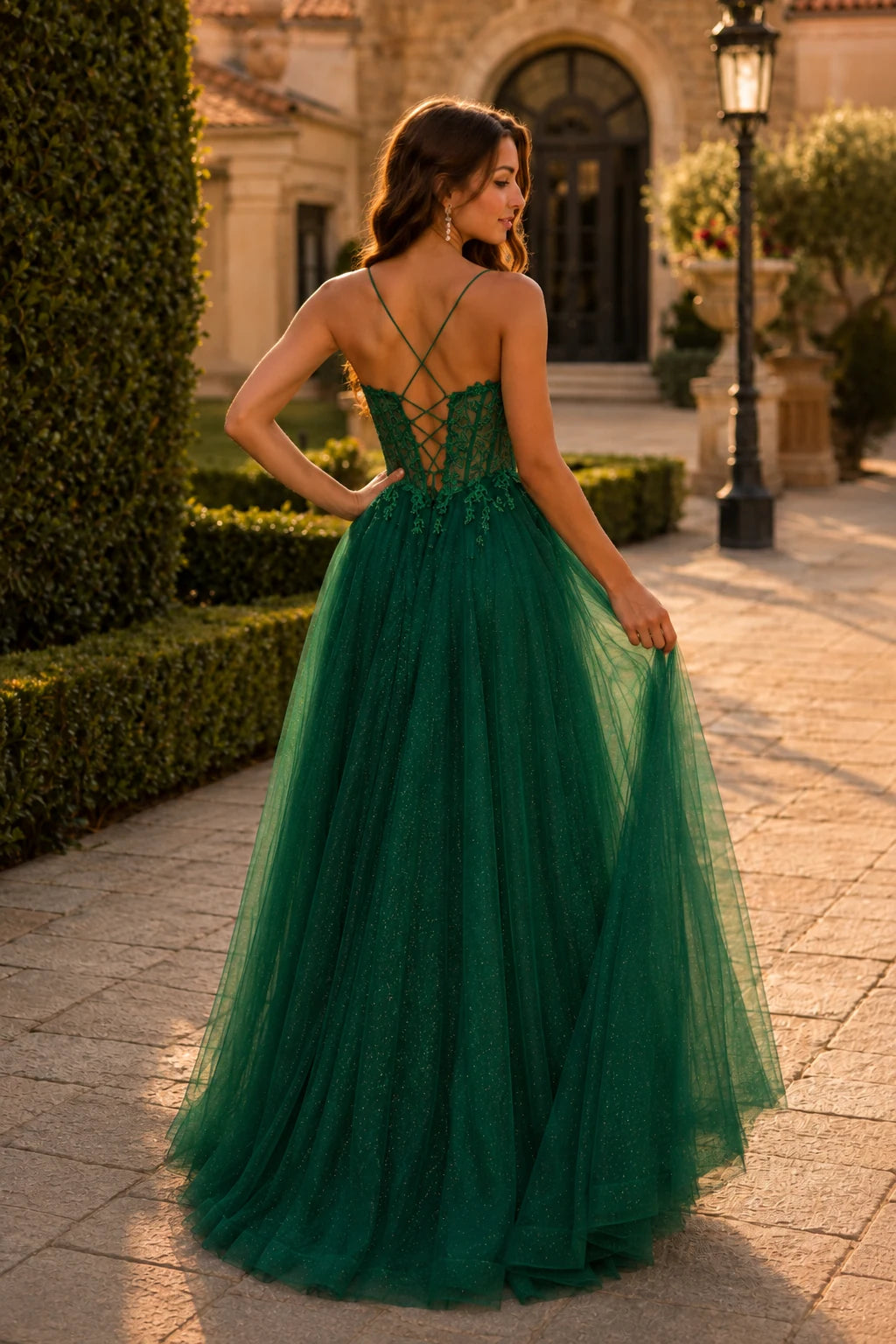 Varella Beaded Corset Tulle A-Line Prom Dress with Slit in Emerald Green prom gown, back view