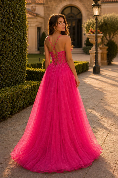 Varella Beaded Corset Tulle A-Line Prom Dress with Slit in Hot Pink prom gown, back view