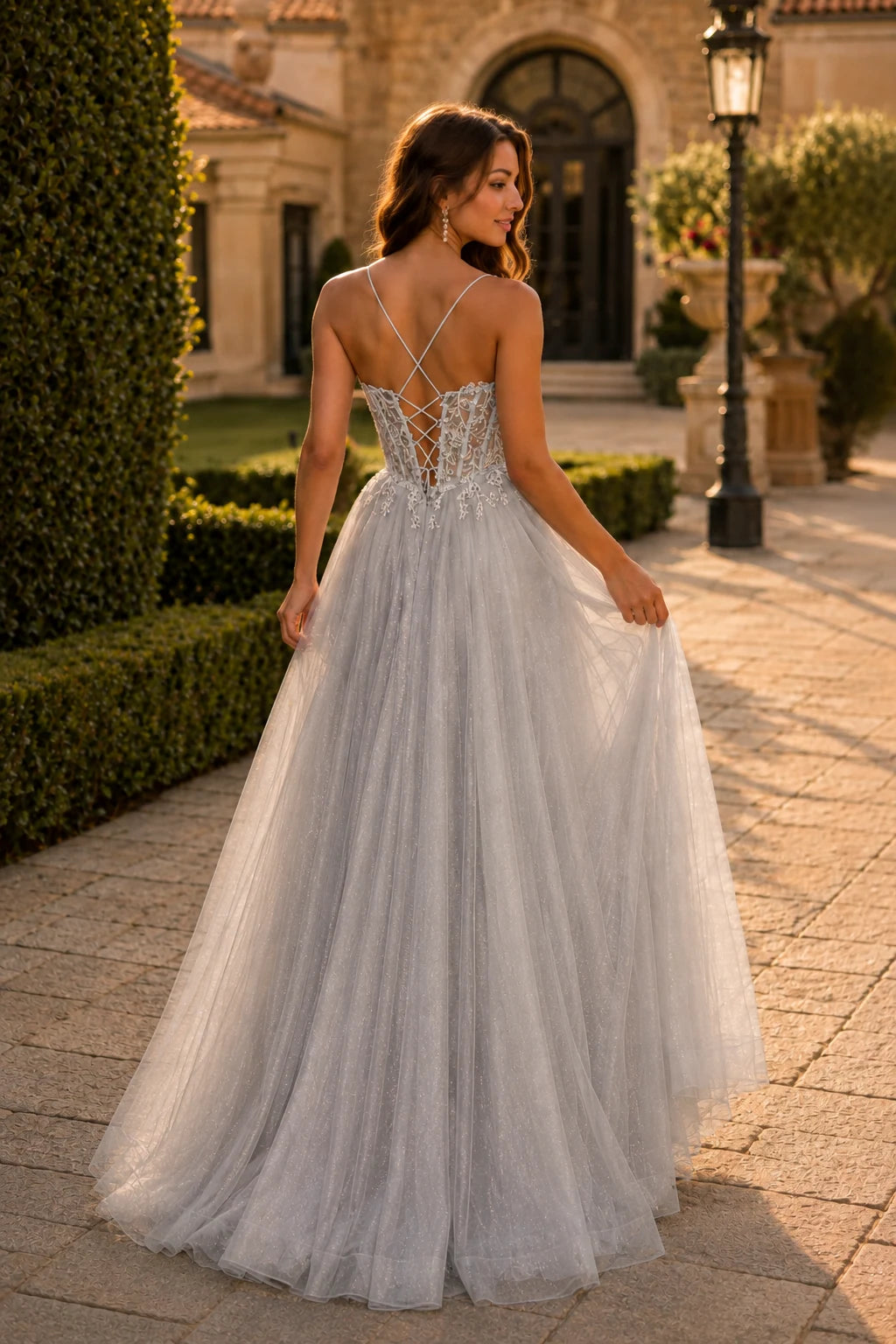 Varella Beaded Corset Tulle A-Line Prom Dress with Slit in Metallic Silver prom gown, back view
