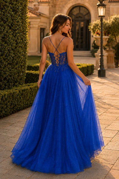 Varella Beaded Corset Tulle A-Line Prom Dress with Slit in Royal Blue prom gown, back view