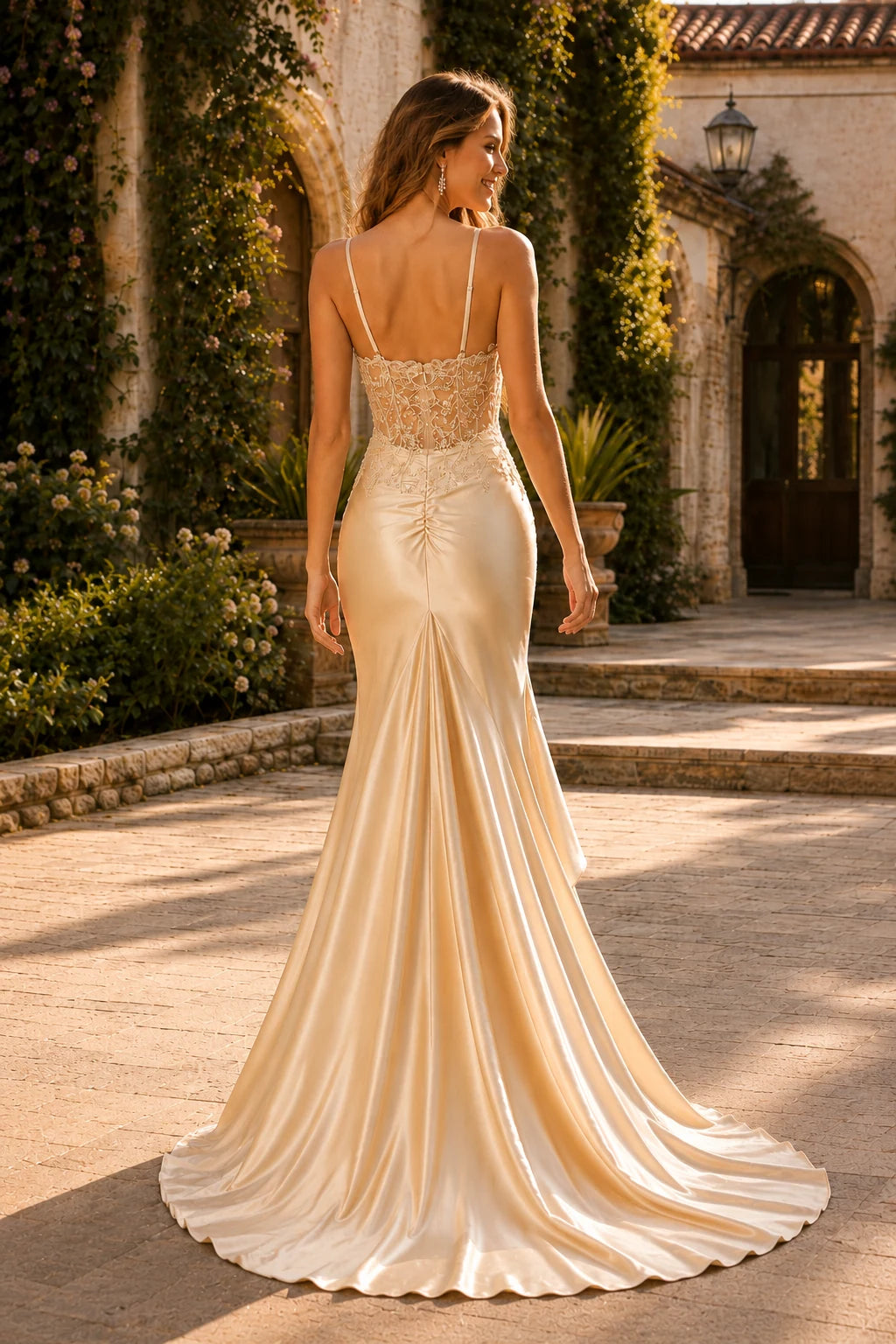 Wisterra Spaghetti Strap Ruched Mermaid Prom Dress with Slit in Champagne Gold prom gown, back view