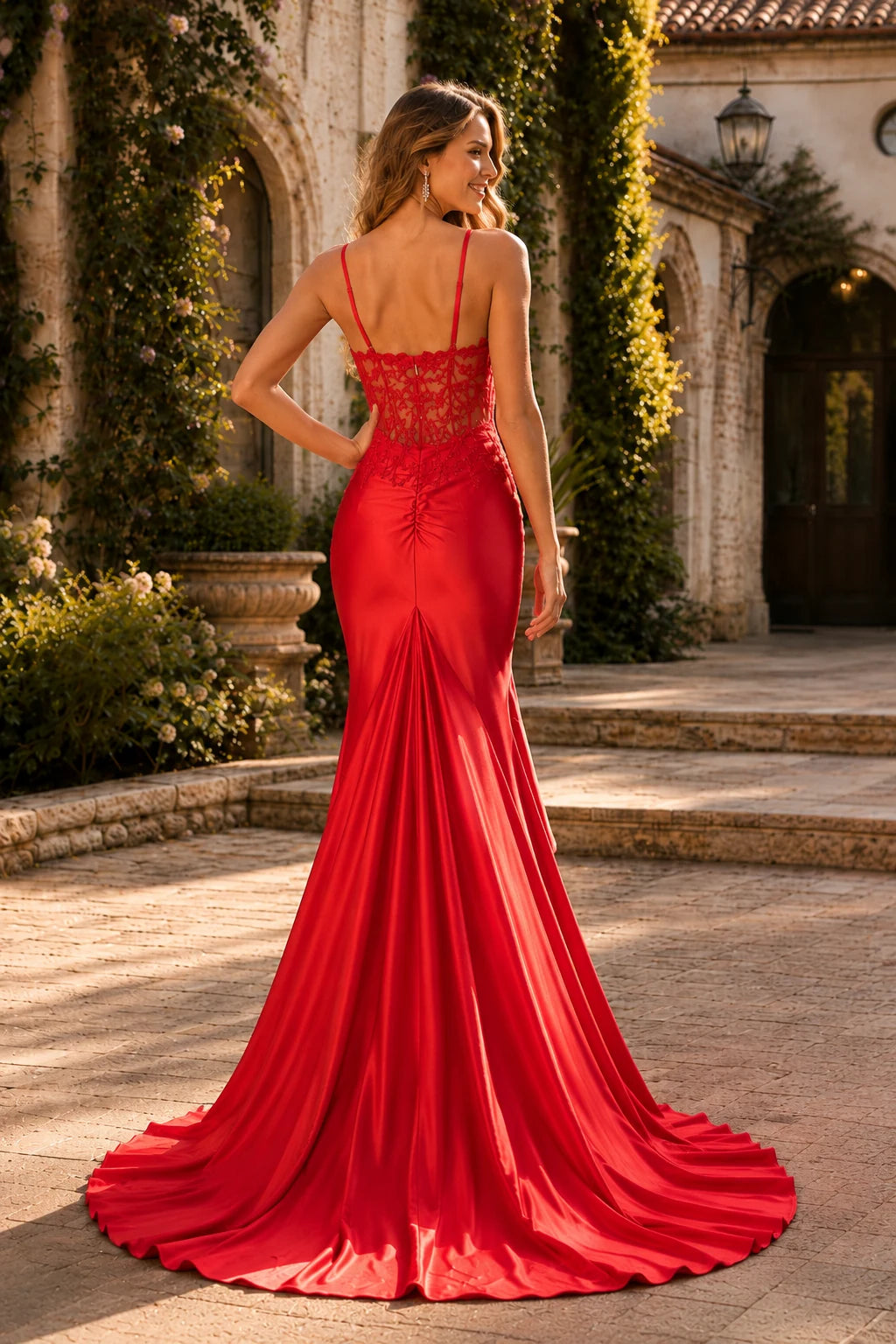 Wisterra Spaghetti Strap Ruched Mermaid Prom Dress with Slit in Cherry Red prom gown, back view