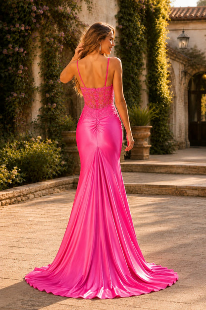 Wisterra Spaghetti Strap Ruched Mermaid Prom Dress with Slit in Hot Pink prom gown, back view