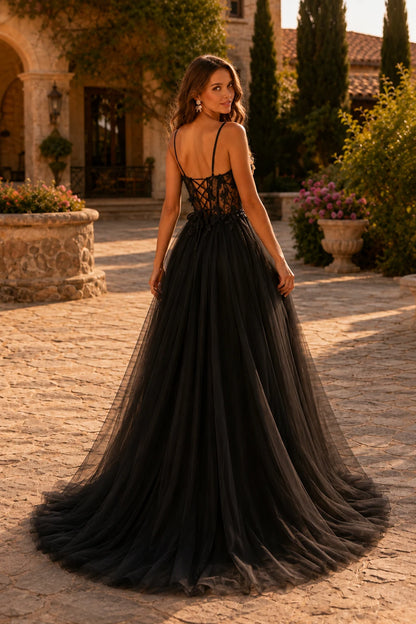 Xelora Floral Applique Tulle A-Line Prom Dress with Slit in Black prom gown, back view