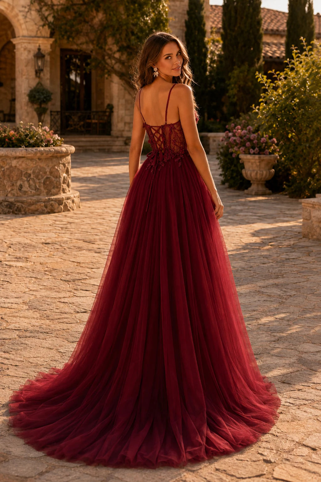 Xelora Floral Applique Tulle A-Line Prom Dress with Slit in Burgundy prom gown, back view