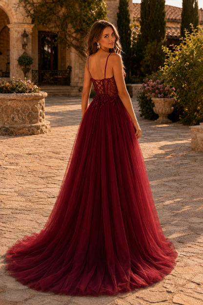 Xelora Floral Applique Tulle A-Line Prom Dress with Slit in Burgundy prom gown, back view